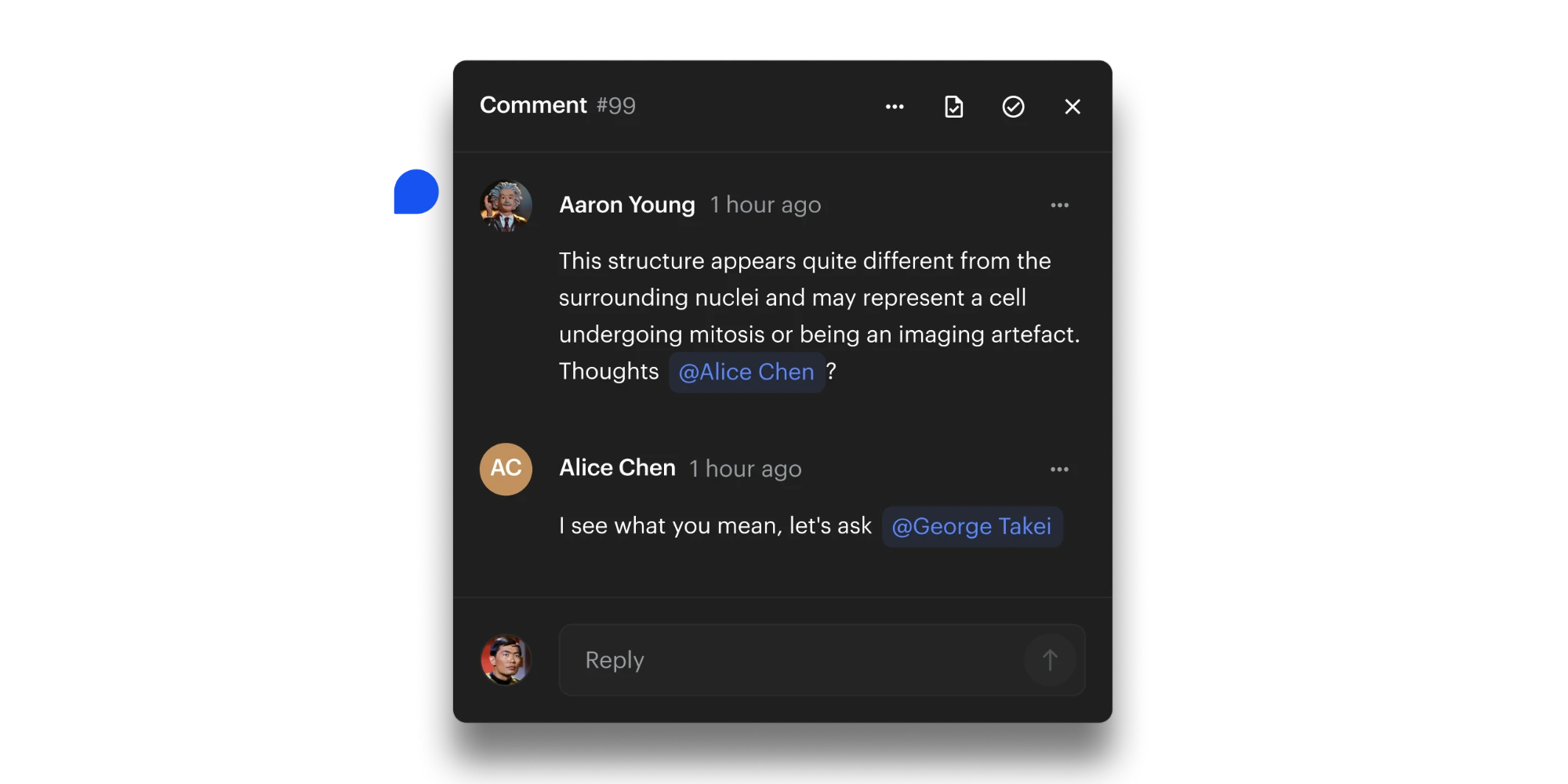 A spatial comment thread pinned on a segmented structure: a question with an @mention and a reply, with a reply box below.