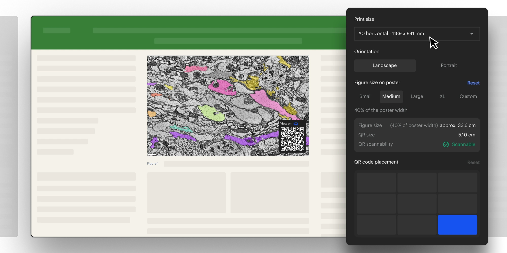 The poster export panel: print size, orientation, figure size on the poster and QR code placement, next to a poster page with the figure and its scannable QR code.