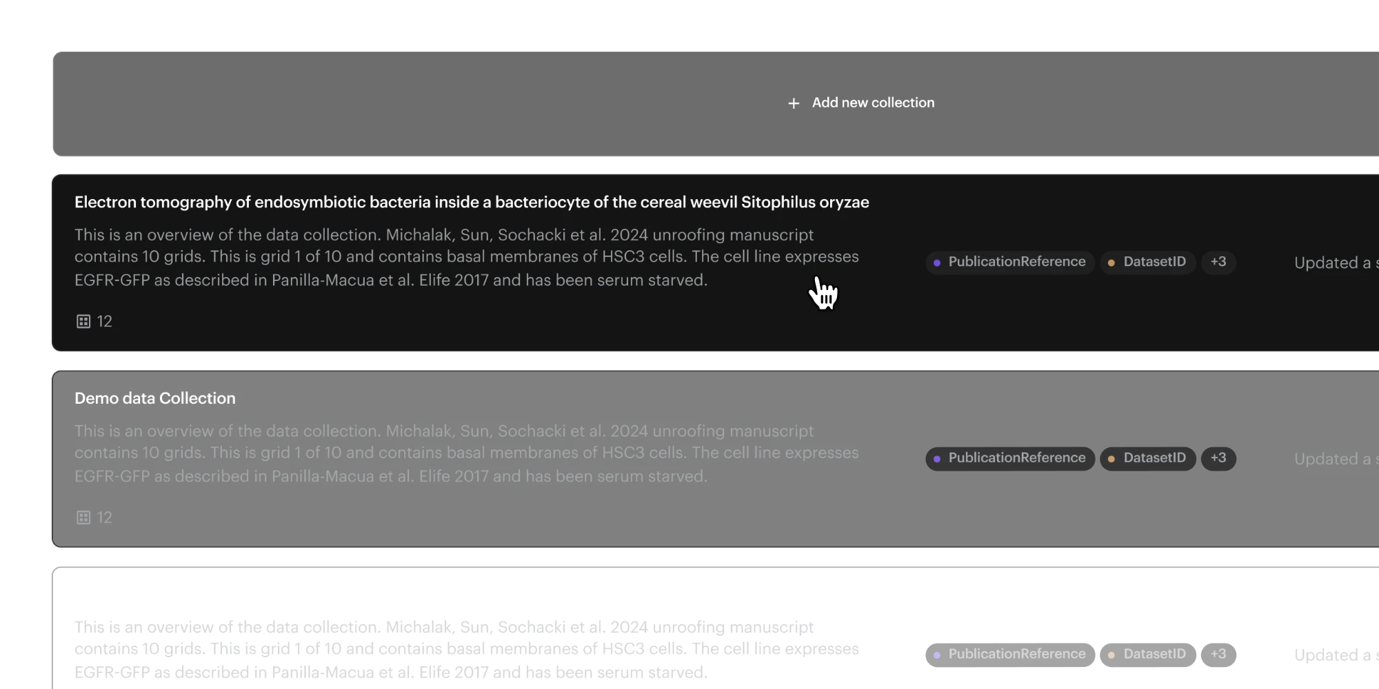 The Data Collections list: each collection with its title, description, metadata tags and number of Studies.